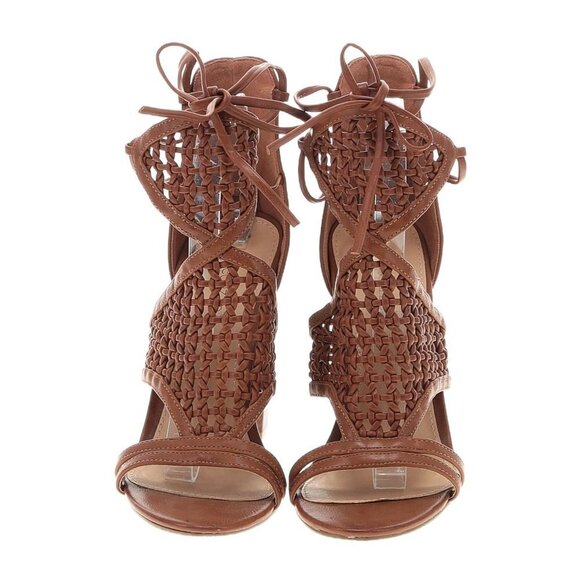 Shoedazzle  Kelly Block Heel Shoes Sandals 9.5  cognac Wrap Tie Sandal - Picture 2 of 6